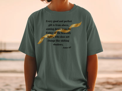 Dark green t-shirt with James 1:17 scripture and golden ribbon graphic.