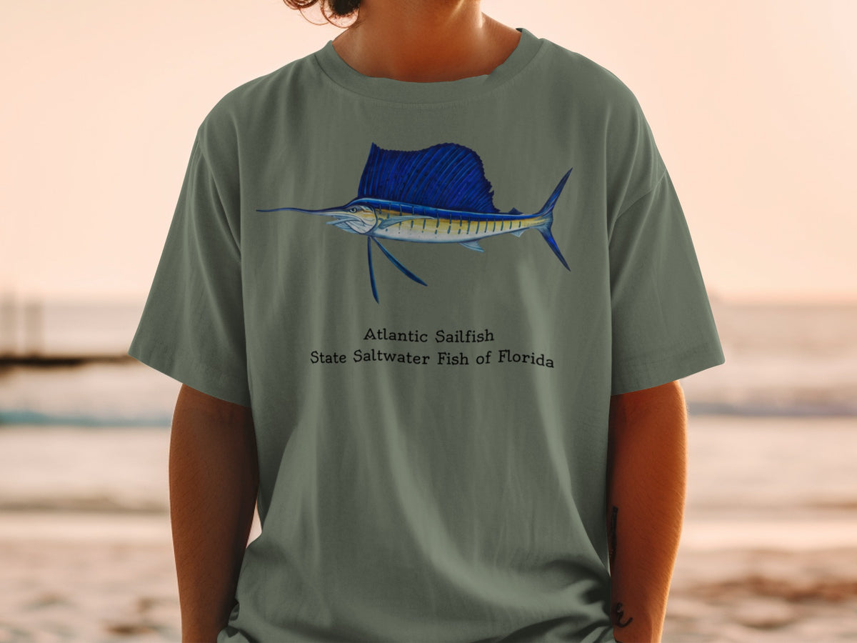 T-shirt with Atlantic Sailfish illustration and "State Saltwater Fish of Florida" text.