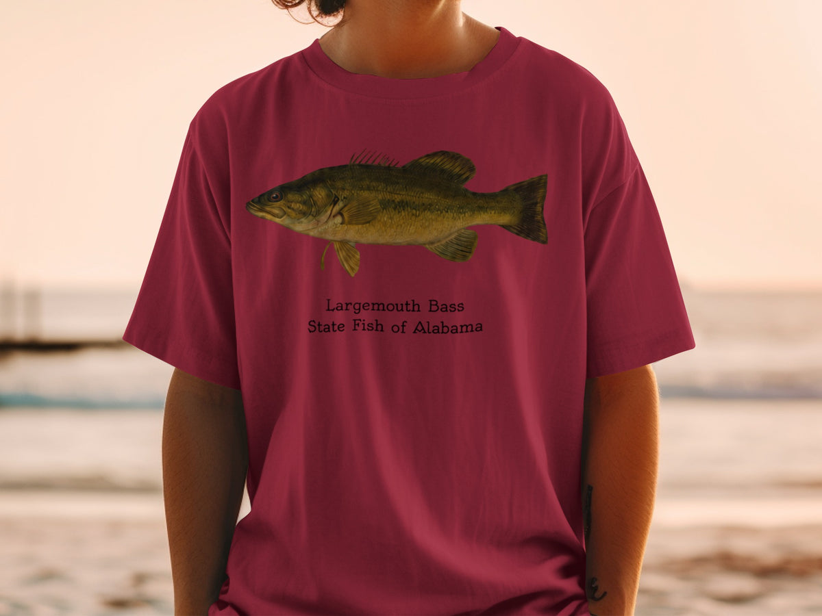 T-shirt with Largemouth Bass illustration and "State Fish of Alabama" text.