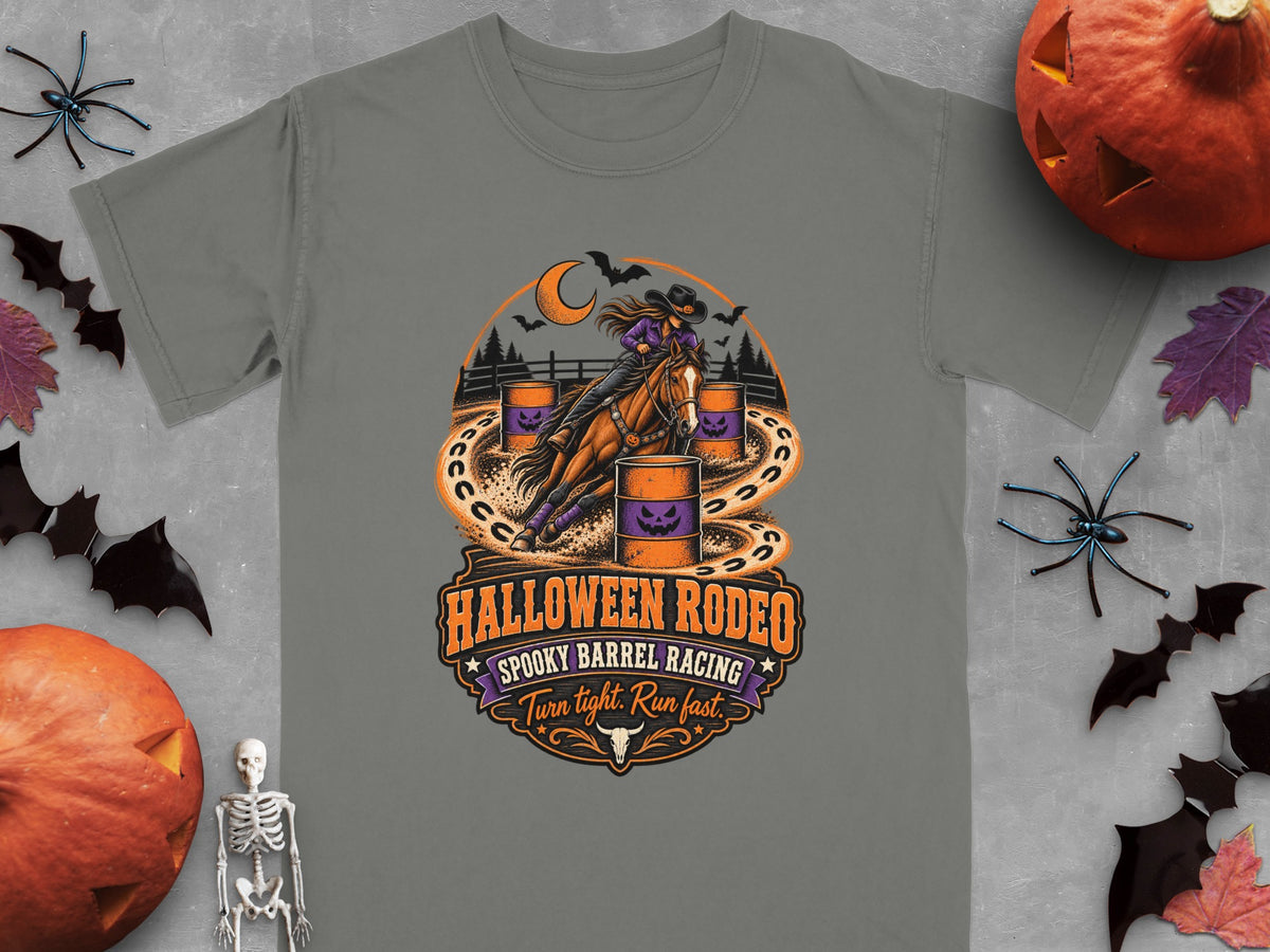 Halloween Rodeo spooky barrel racing graphic with text.