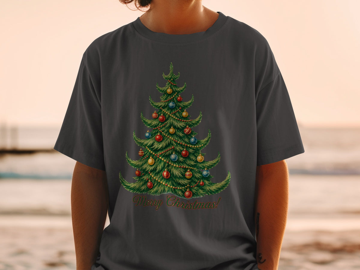 Dark grey t-shirt with a vintage Christmas tree design and "Merry Christmas!" text.