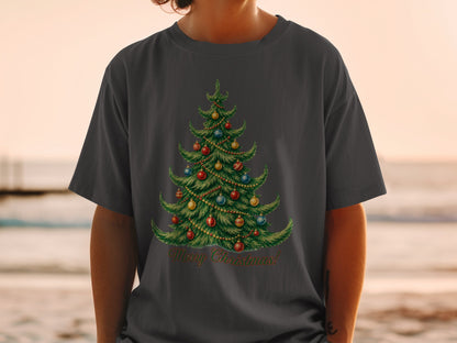 Dark grey t-shirt with a vintage Christmas tree design and "Merry Christmas!" text.