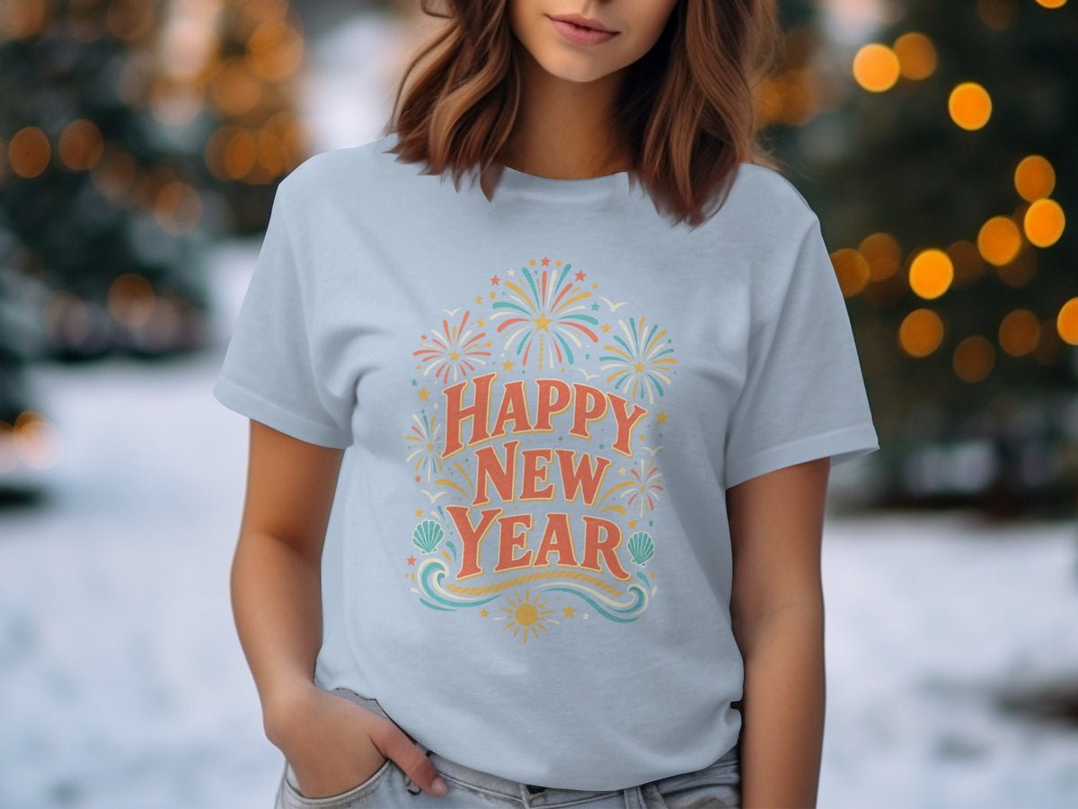 Light blue t-shirt with "Happy New Year" text and festive graphics.
