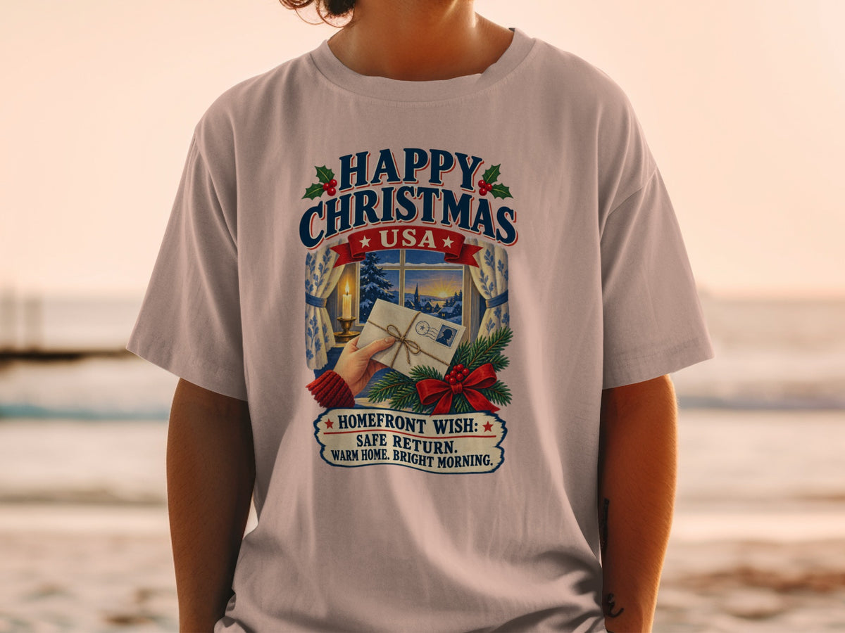 Happy Christmas USA t-shirt with holiday window scene and "Homefront Wish" text.