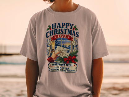 Happy Christmas USA t-shirt with holiday window scene and "Homefront Wish" text.