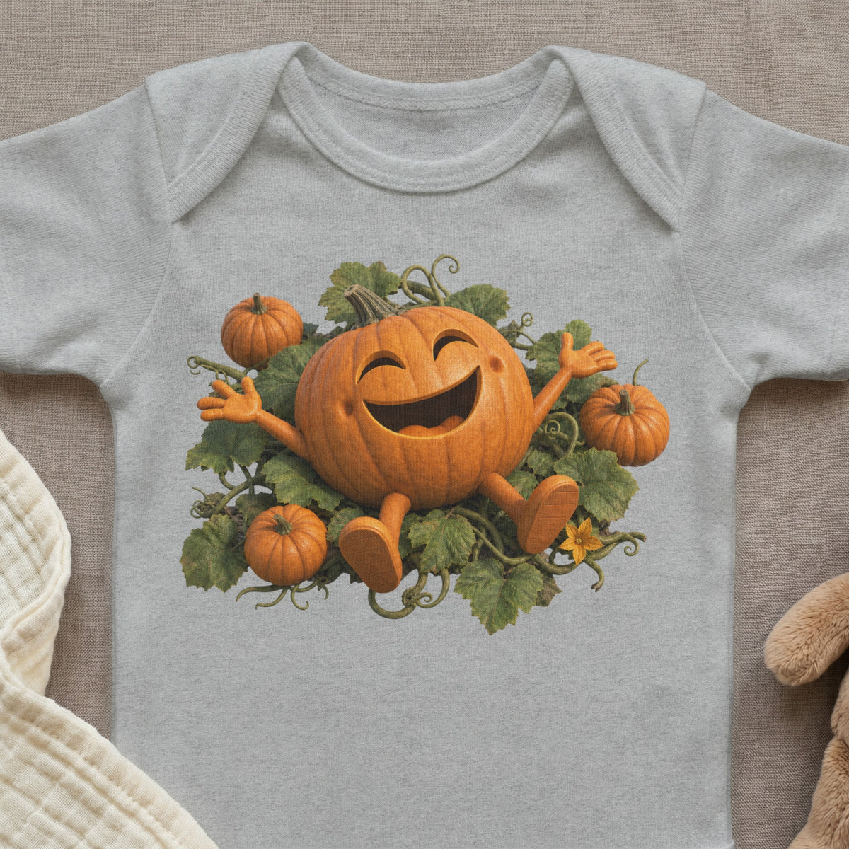 Gray baby onesie with a happy cartoon pumpkin surrounded by leaves and small pumpkins.