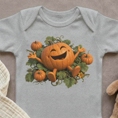 Gray baby onesie with a happy cartoon pumpkin surrounded by leaves and small pumpkins.