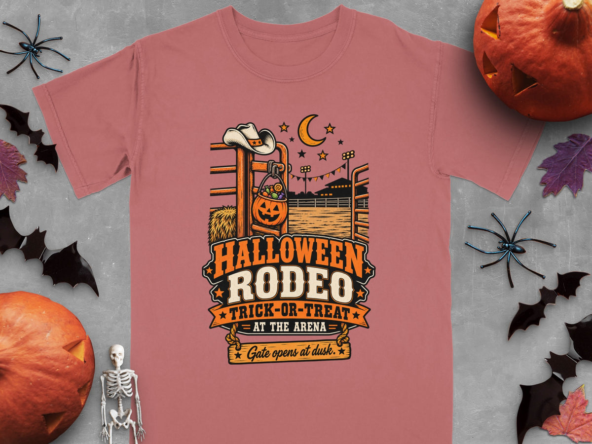T-shirt with Halloween Rodeo graphic: trick-or-treat at the arena, gate opens at dusk.