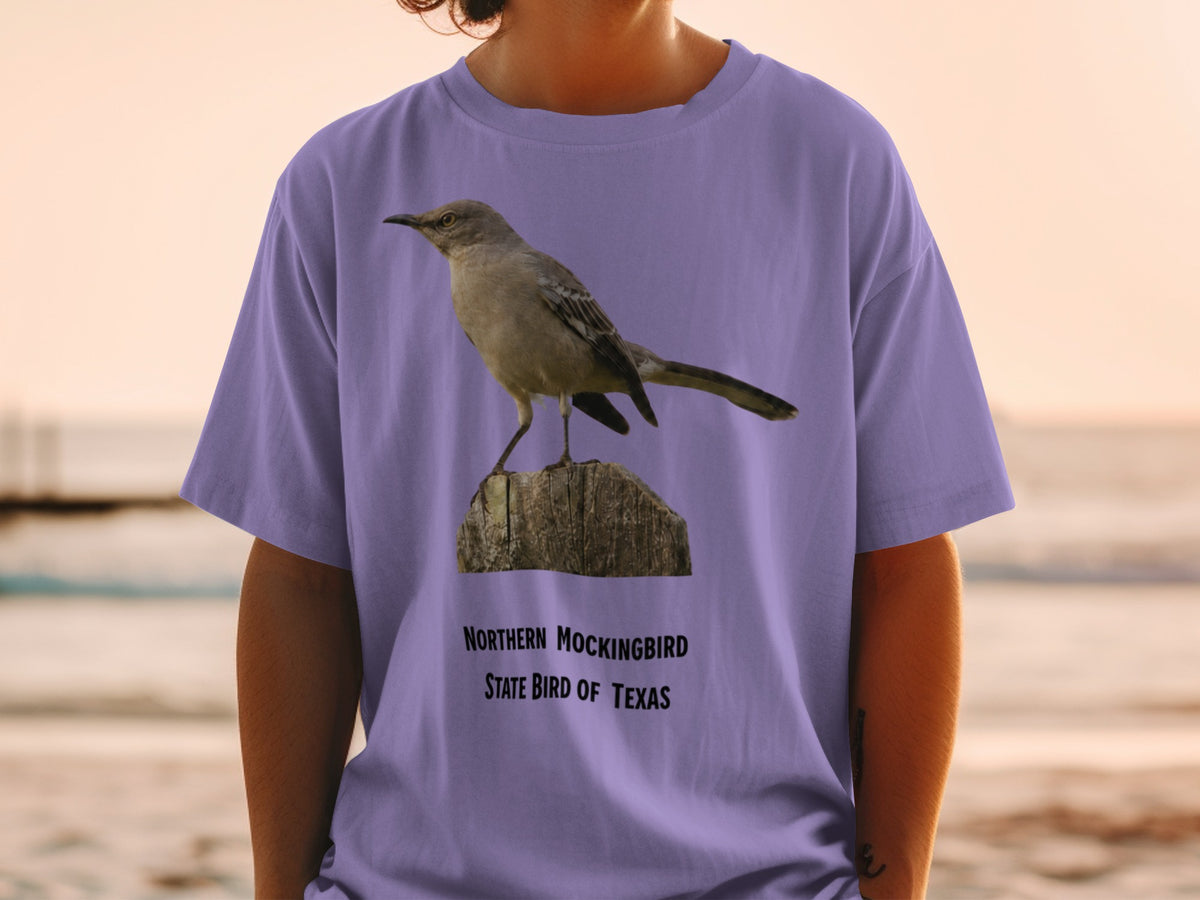 Purple t-shirt with Northern Mockingbird and "State Bird of Texas" text.