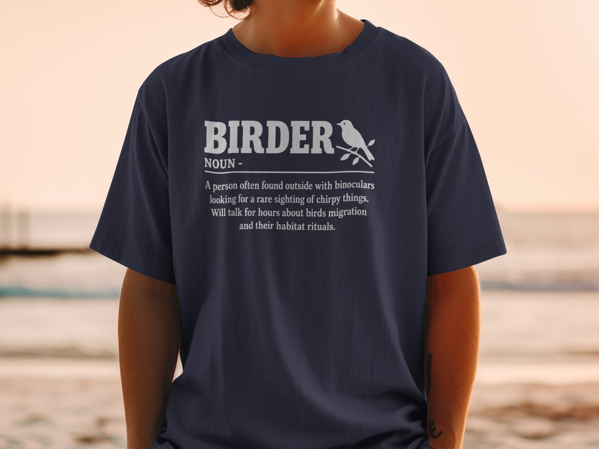 Navy t-shirt with "BIRDER NOUN" and a bird on a branch.