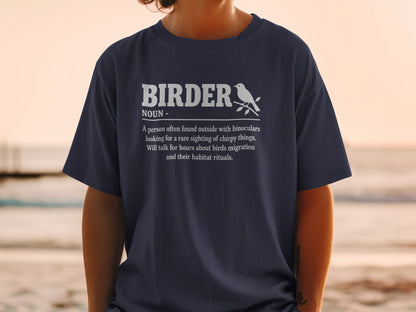 Navy t-shirt with "BIRDER NOUN" and a bird on a branch.