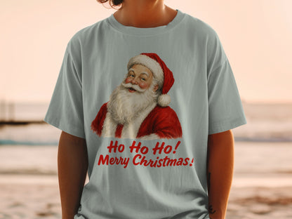 Light blue t-shirt with Santa Claus graphic and text "Ho Ho Ho! Merry Christmas!"