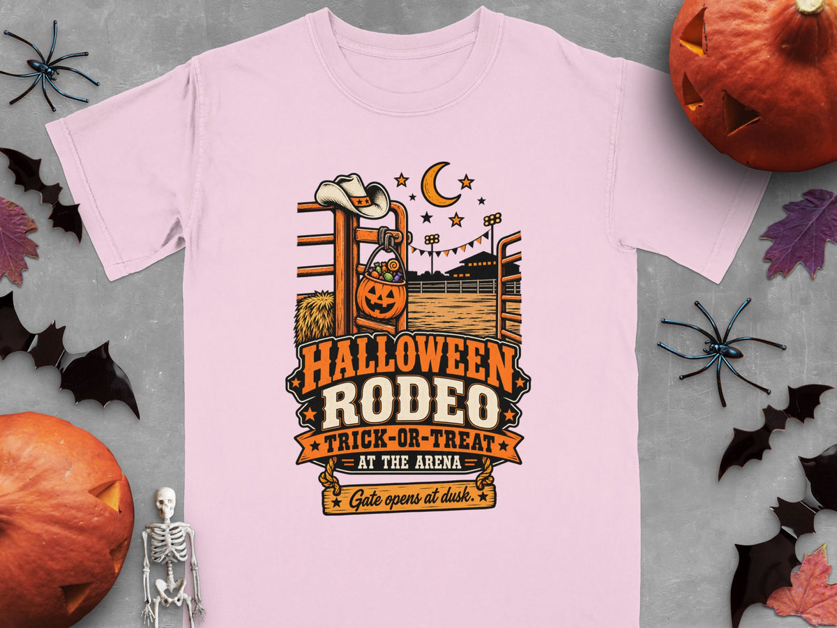 Halloween Rodeo Trick-or-Treat at the Arena t-shirt design with cowboy hat and pumpkin basket.