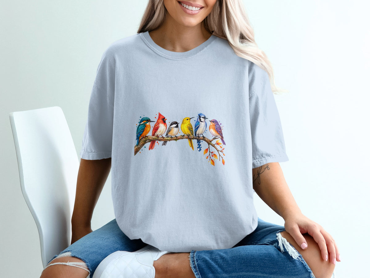 Watercolor illustration of seven colorful birds perched on a branch with autumn leaves.