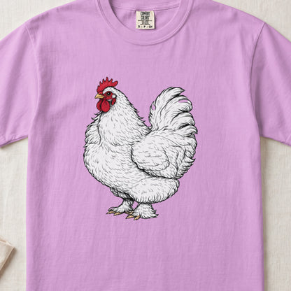 A pink t-shirt featuring a detailed illustration of a fluffy white rooster on the front.