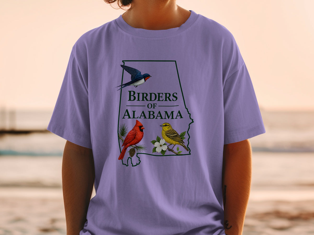 Birders of Alabama graphic with cardinal, yellow bird, and swallow.