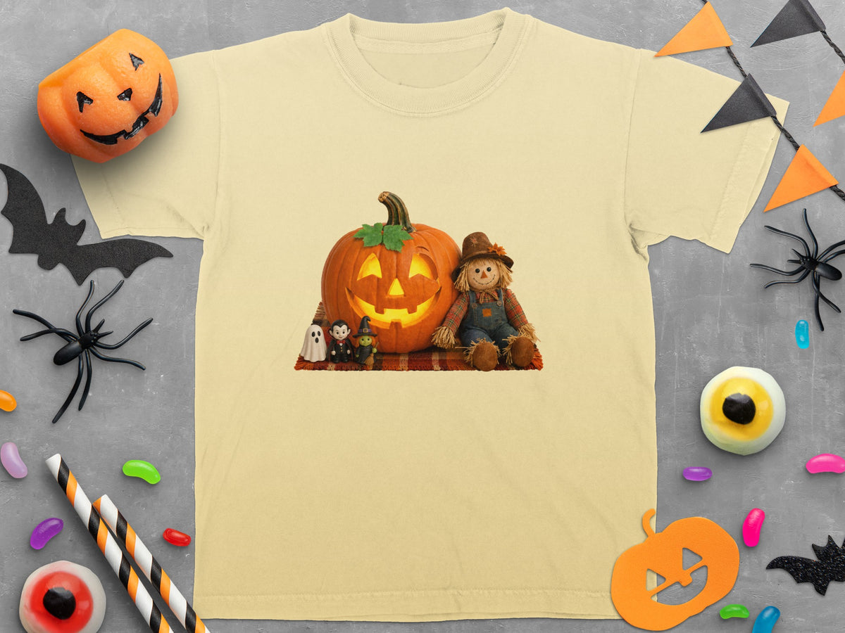 Light yellow t-shirt featuring a jack-o'-lantern, scarecrow, and small Halloween figures.