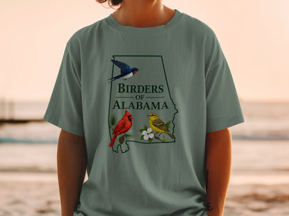 Alabama outline with cardinal, yellow bird, swallow, and text "Birders of Alabama".