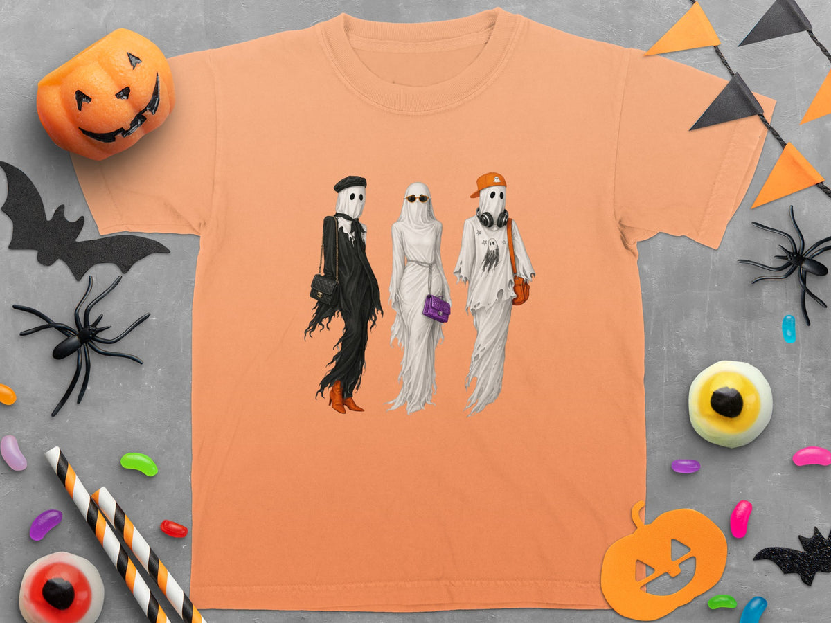 T-shirt with three ghosts dressed in fashion accessories.