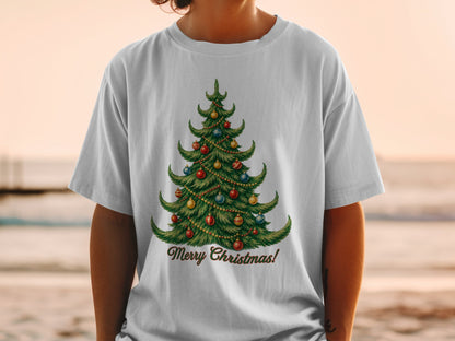 White t-shirt with a Christmas tree graphic and "Merry Christmas!" text.