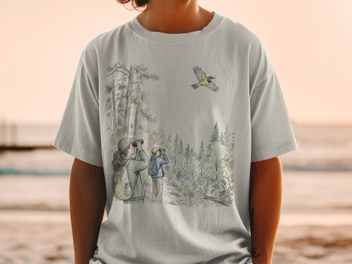Two people with binoculars observe a bird flying in a forest scene.