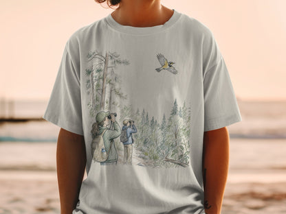 Two people with binoculars observe a bird flying in a forest scene.