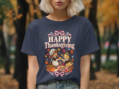 Happy Thanksgiving graphic with a pilgrim girl and dog sharing pie.