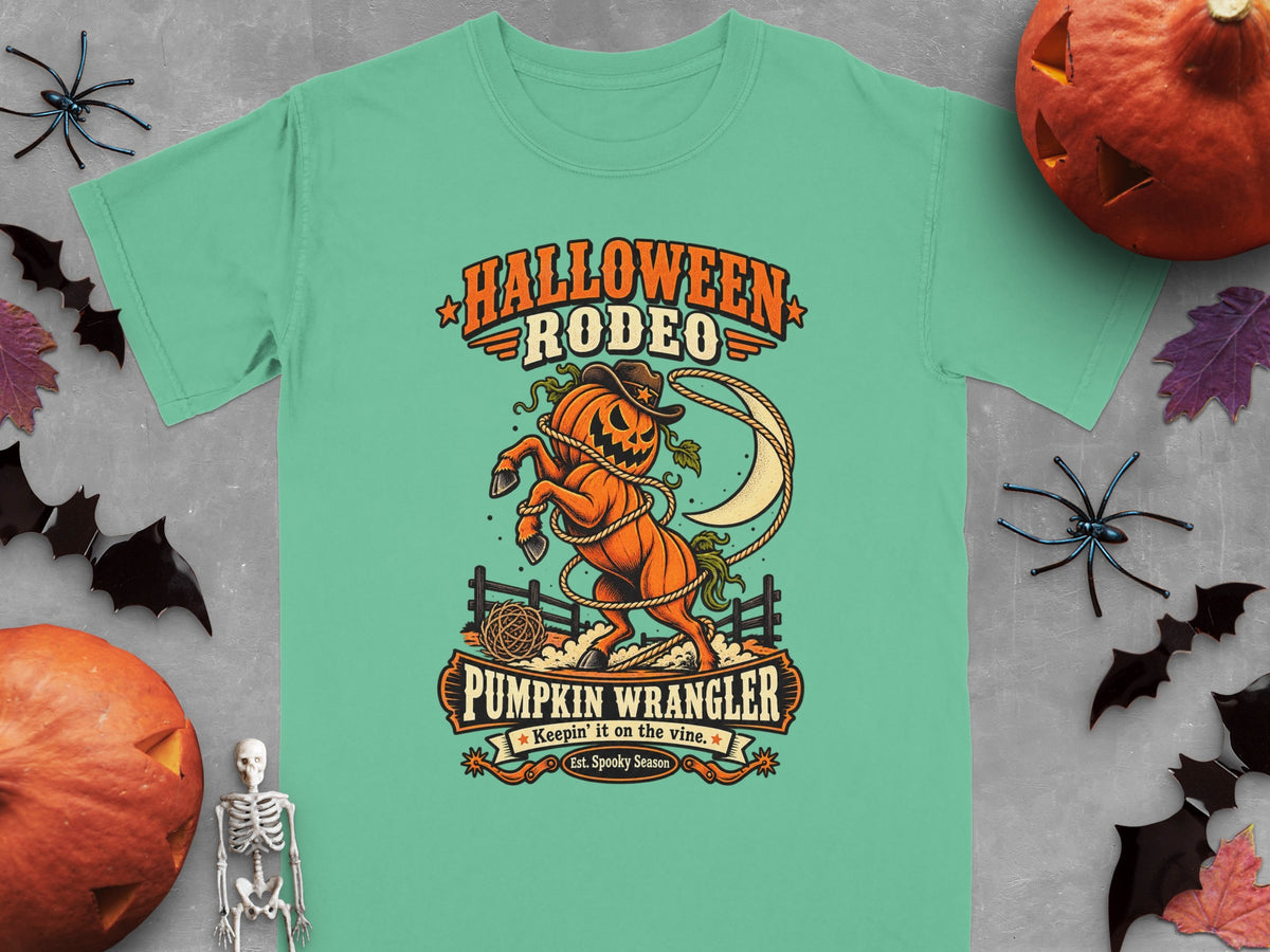 Green t-shirt with "Halloween Rodeo" and "Pumpkin Wrangler" text and illustration.