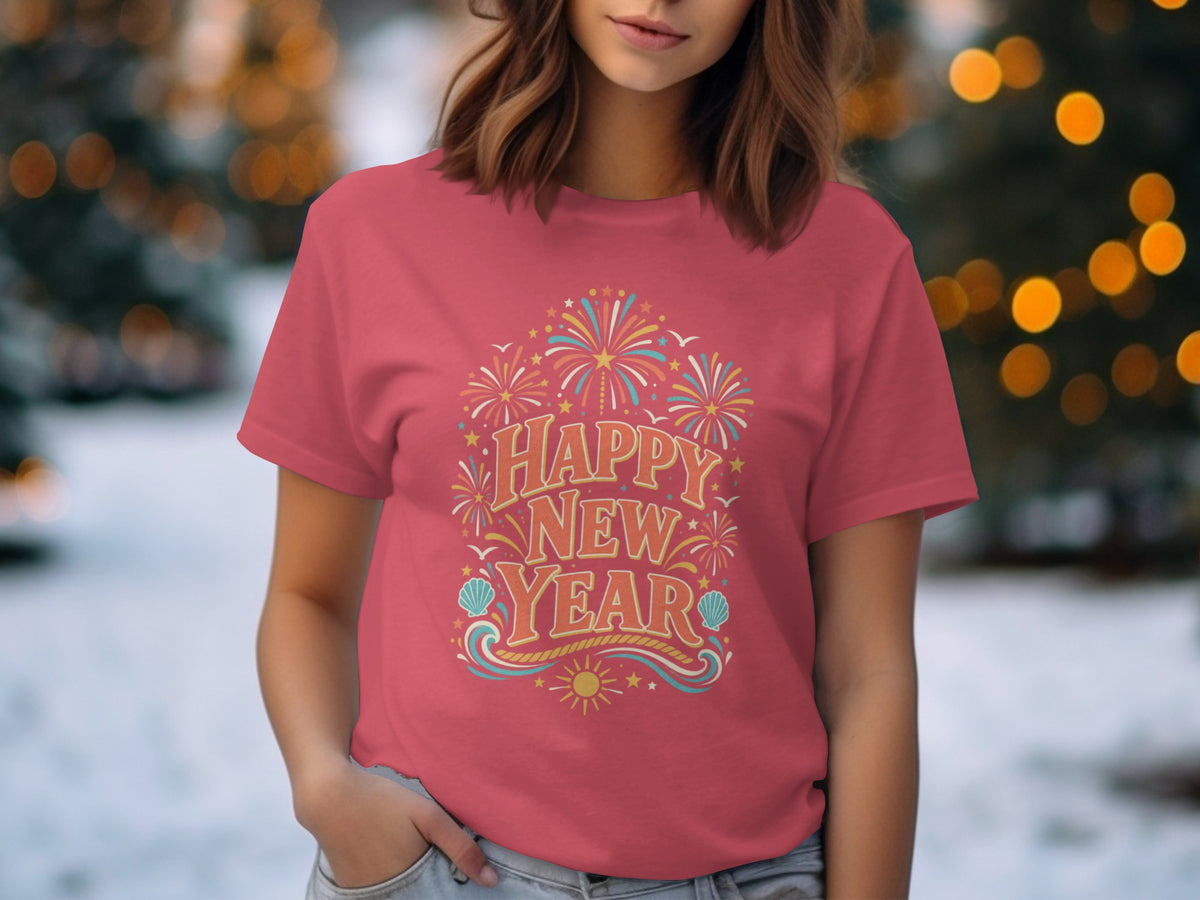 Pink t-shirt with "Happy New Year" text, fireworks, and sun graphic.