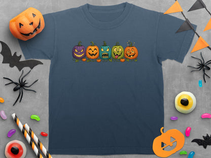 Dark blue t-shirt with a line of five cartoon jack-o'-lanterns across the chest.