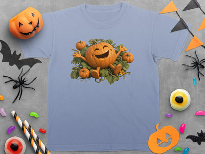 Light blue t-shirt with happy cartoon pumpkin and small pumpkins graphic.