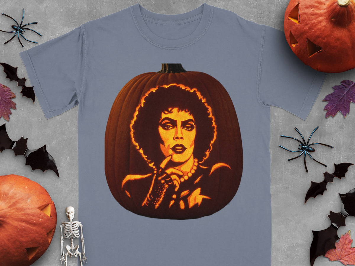A gray crewneck t-shirt featuring a lit pumpkin carved with Dr. Frank-N-Furter from The Rocky Horror Picture Show.