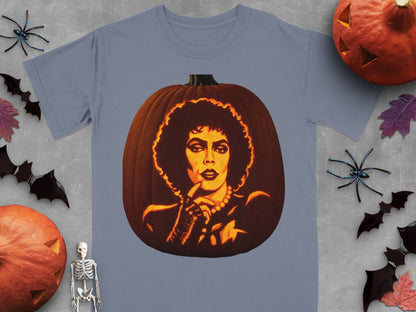 A gray crewneck t-shirt featuring a lit pumpkin carved with Dr. Frank-N-Furter from The Rocky Horror Picture Show.