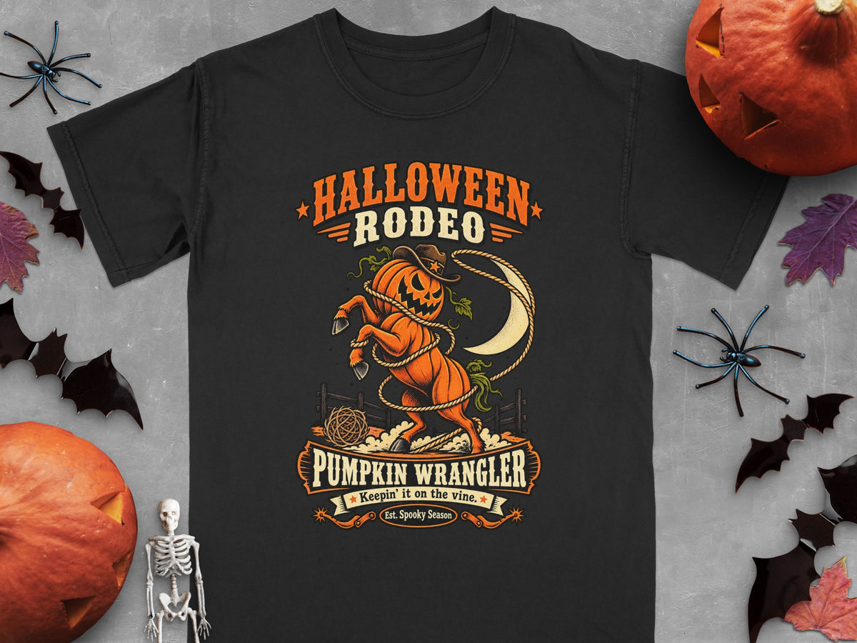 Black t-shirt with Halloween Rodeo Pumpkin Wrangler graphic and text.