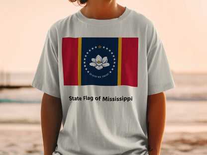 Mississippi State Flag design on a light grey t-shirt with text "State Flag of Mississippi".