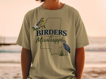 T-shirt with "Birders of Mississippi" text, a yellow bird, and a blue heron.