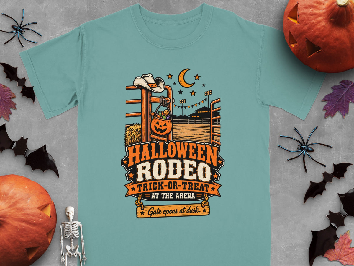 "Halloween Rodeo Trick-or-Treat at the Arena" graphic with pumpkins, a cowboy hat, and text.