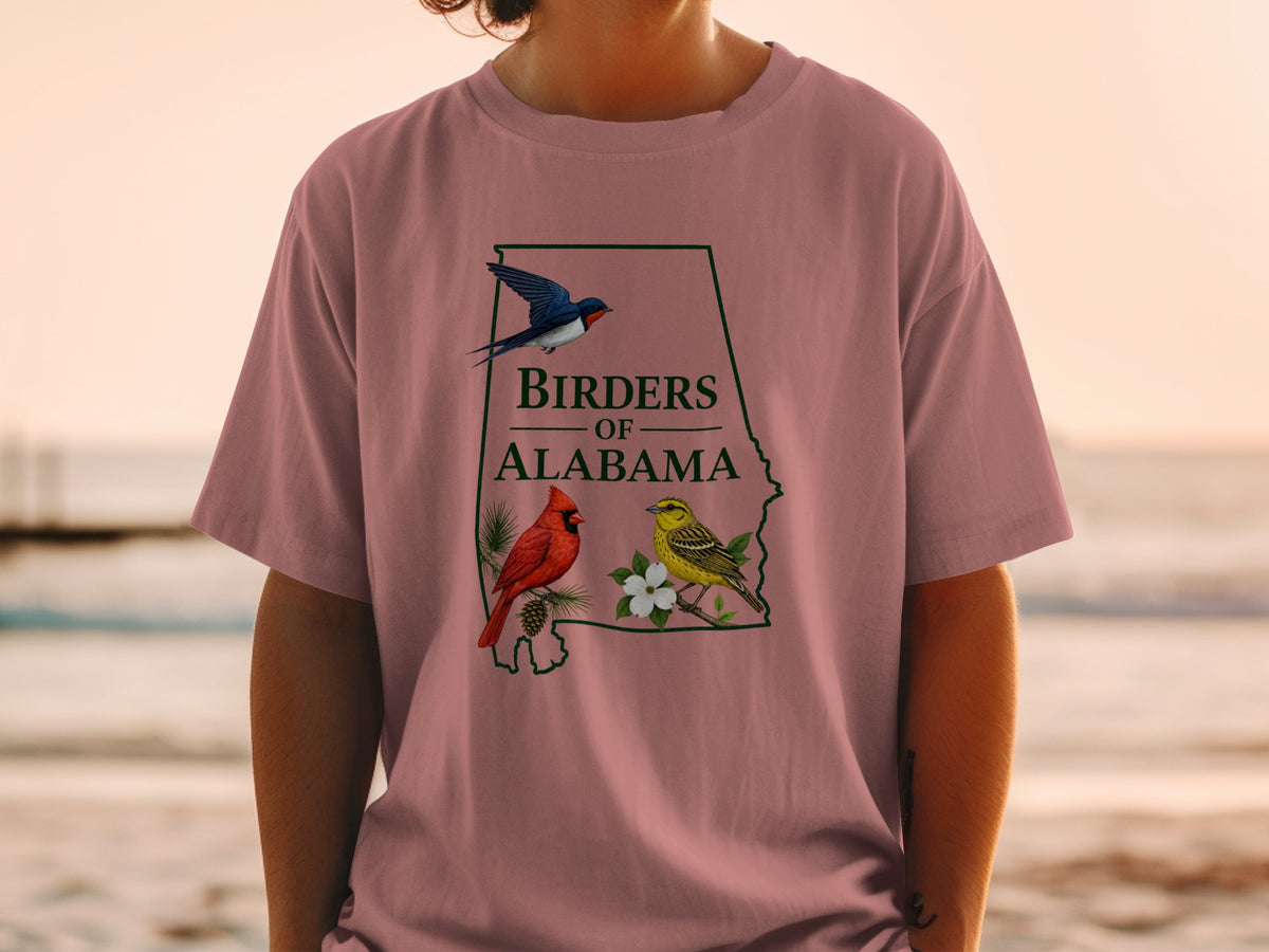 Birders of Alabama graphic with cardinal, yellow bird, and swallow on t-shirt.