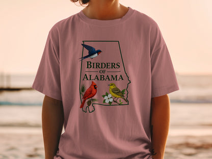 Birders of Alabama graphic with cardinal, yellow bird, and swallow on t-shirt.