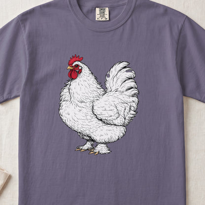 Purple short-sleeved t-shirt featuring a vintage illustration of a white rooster centered on the chest.