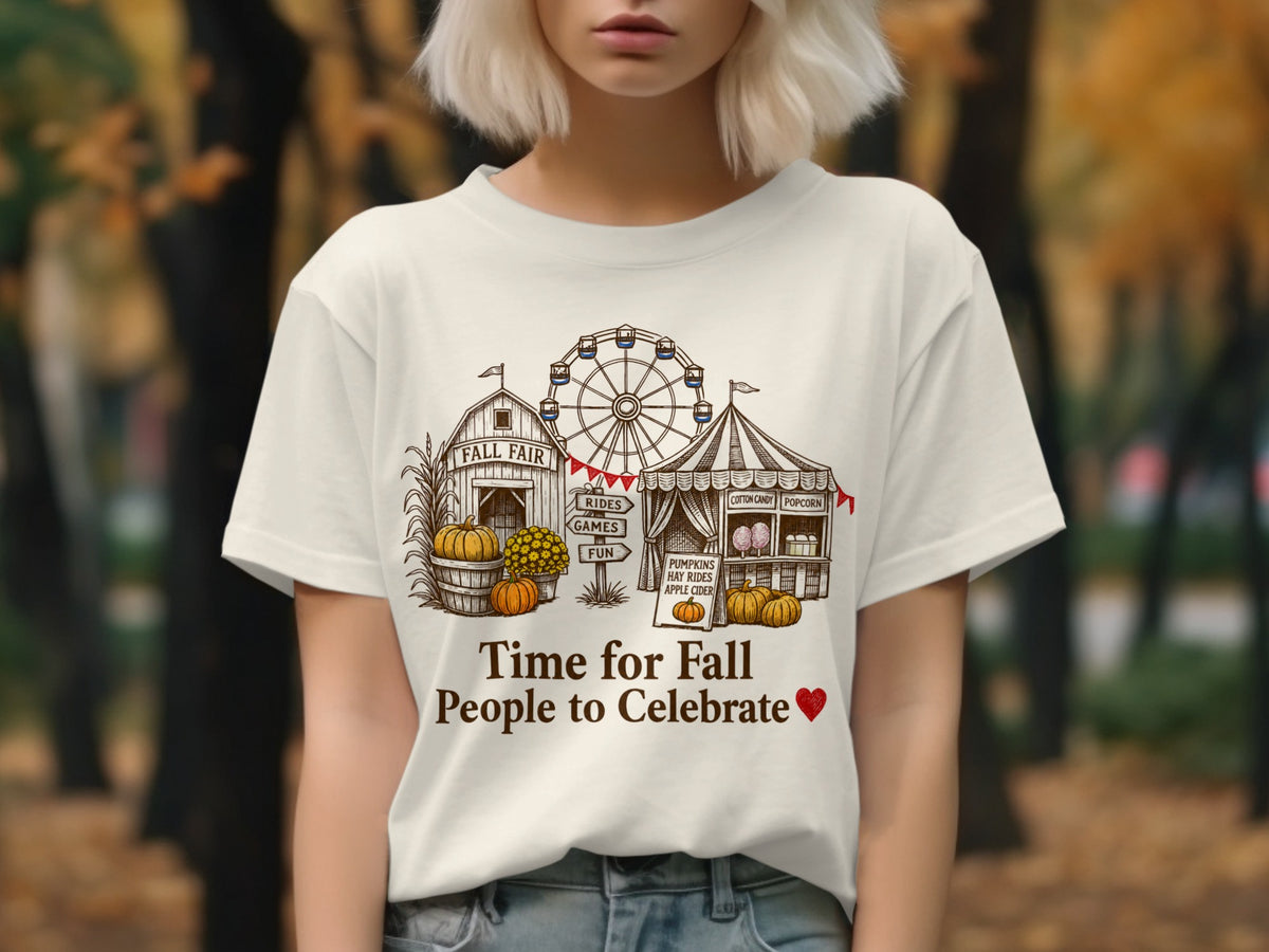 Fall fair graphic with Ferris wheel, barn, tents, pumpkins, and text "Time for Fall People to Celebrate".