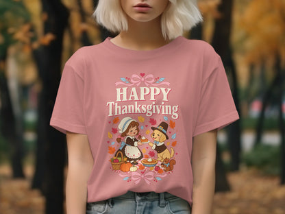 Pink t-shirt with "Happy Thanksgiving" text, a pilgrim girl, and a dog.
