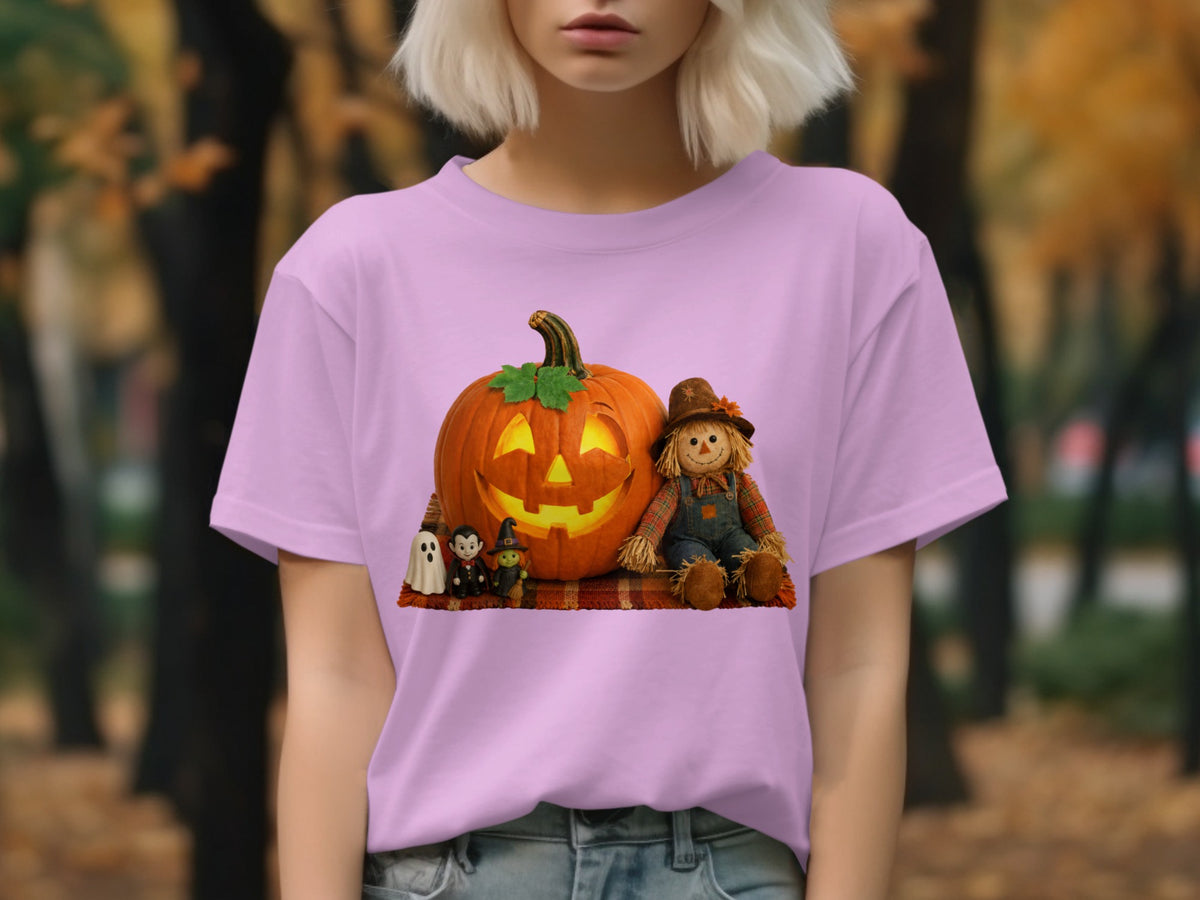 Halloween t-shirt graphic featuring a jack-o'-lantern, scarecrow, ghost, and witch.