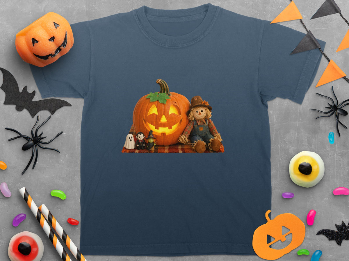 Dark blue t-shirt with a glowing jack-o'-lantern and scarecrow graphic.