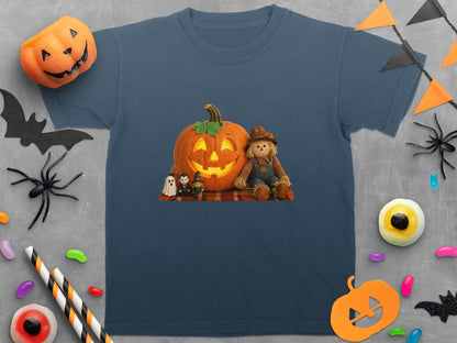Dark blue t-shirt with a glowing jack-o'-lantern and scarecrow graphic.