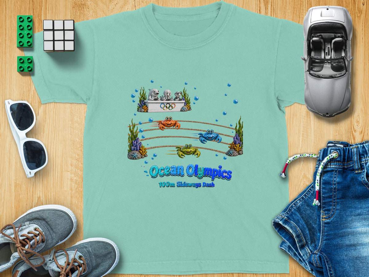 T-shirt featuring "Ocean Olympics 100m Sideways Dash" with cartoon sea creatures.