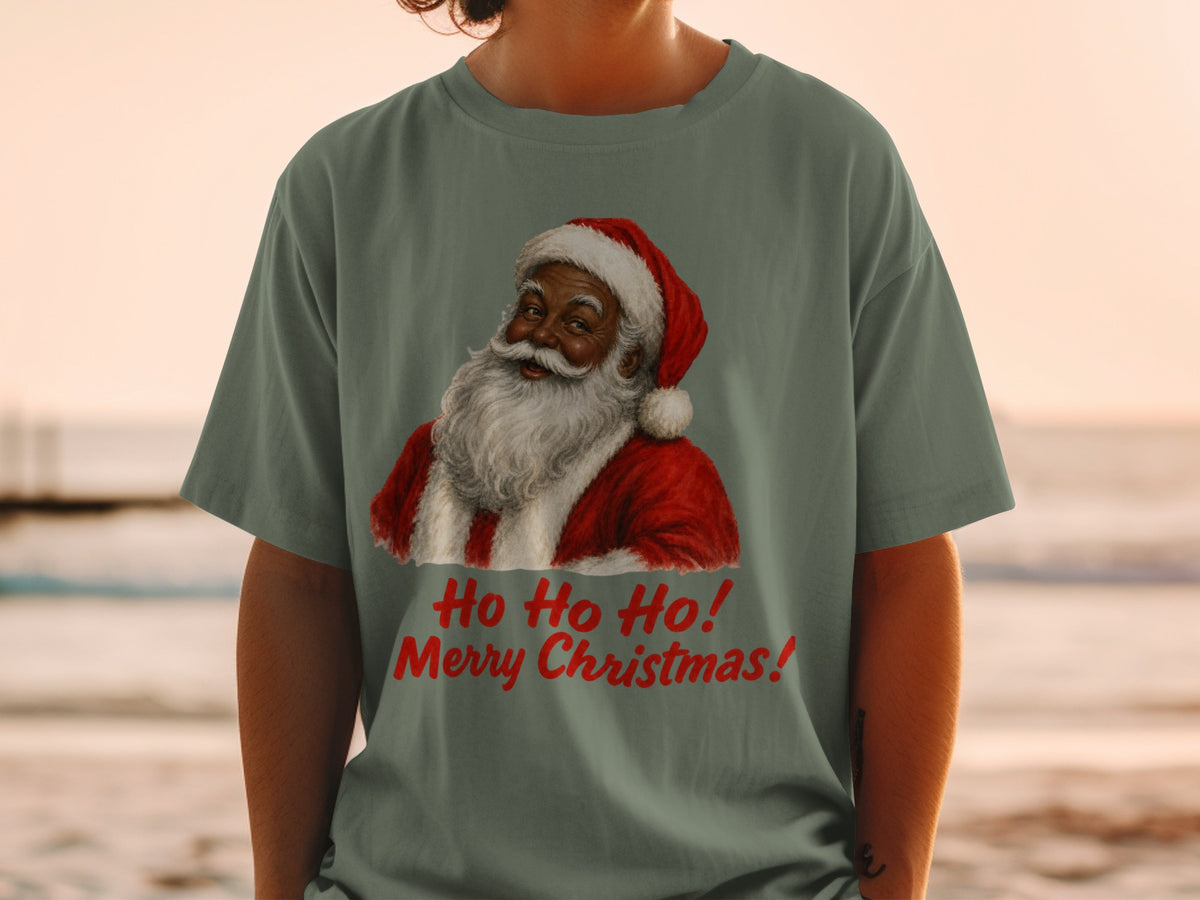 Santa Claus illustration with "Ho Ho Ho! Merry Christmas!" text on a green t-shirt.