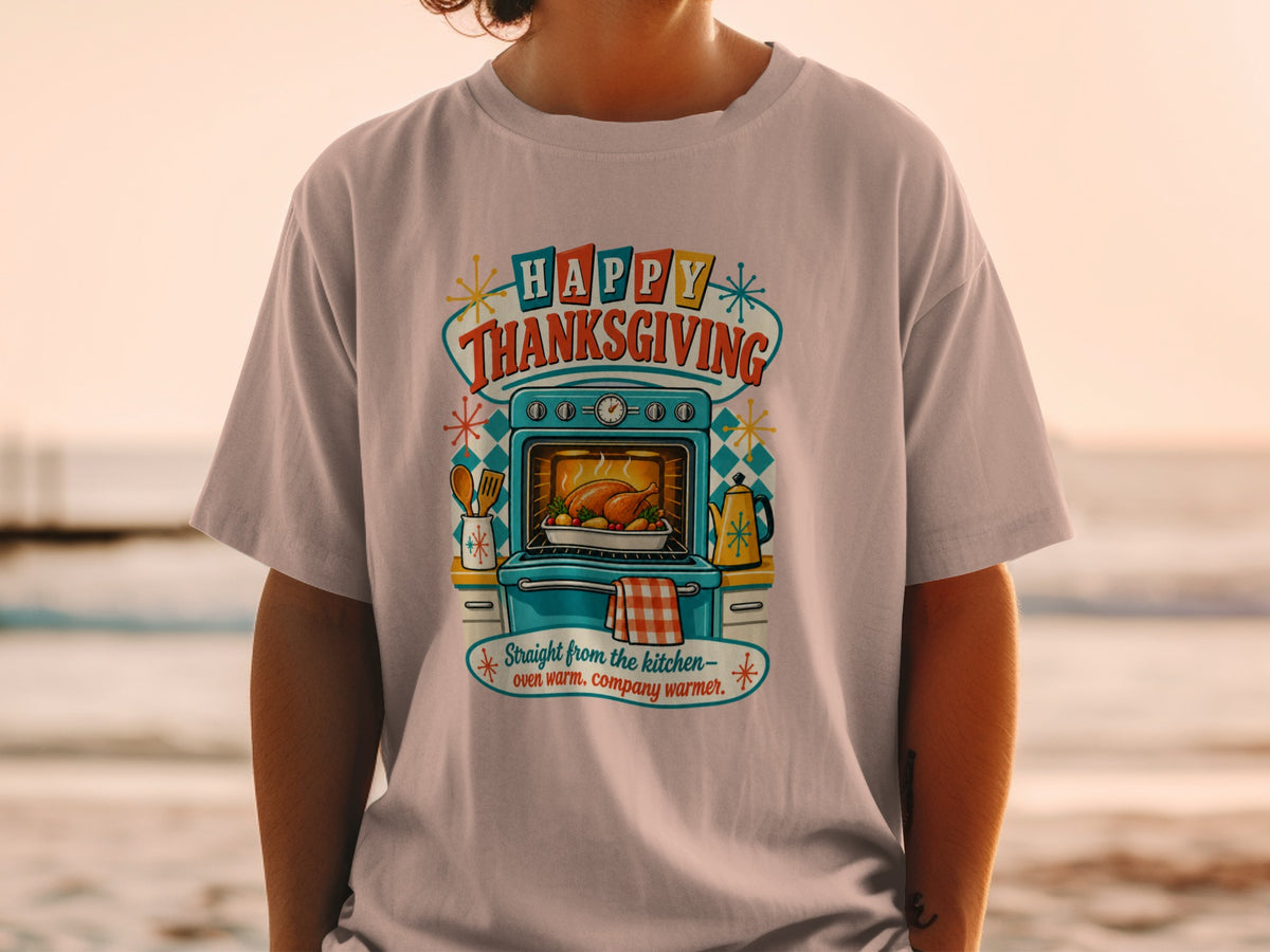 Happy Thanksgiving text above a roasted turkey in an oven graphic.