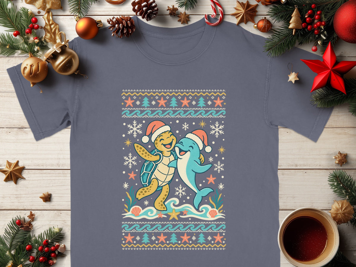 T-shirt with a cartoon turtle and dolphin wearing Santa hats, surrounded by snowflakes.