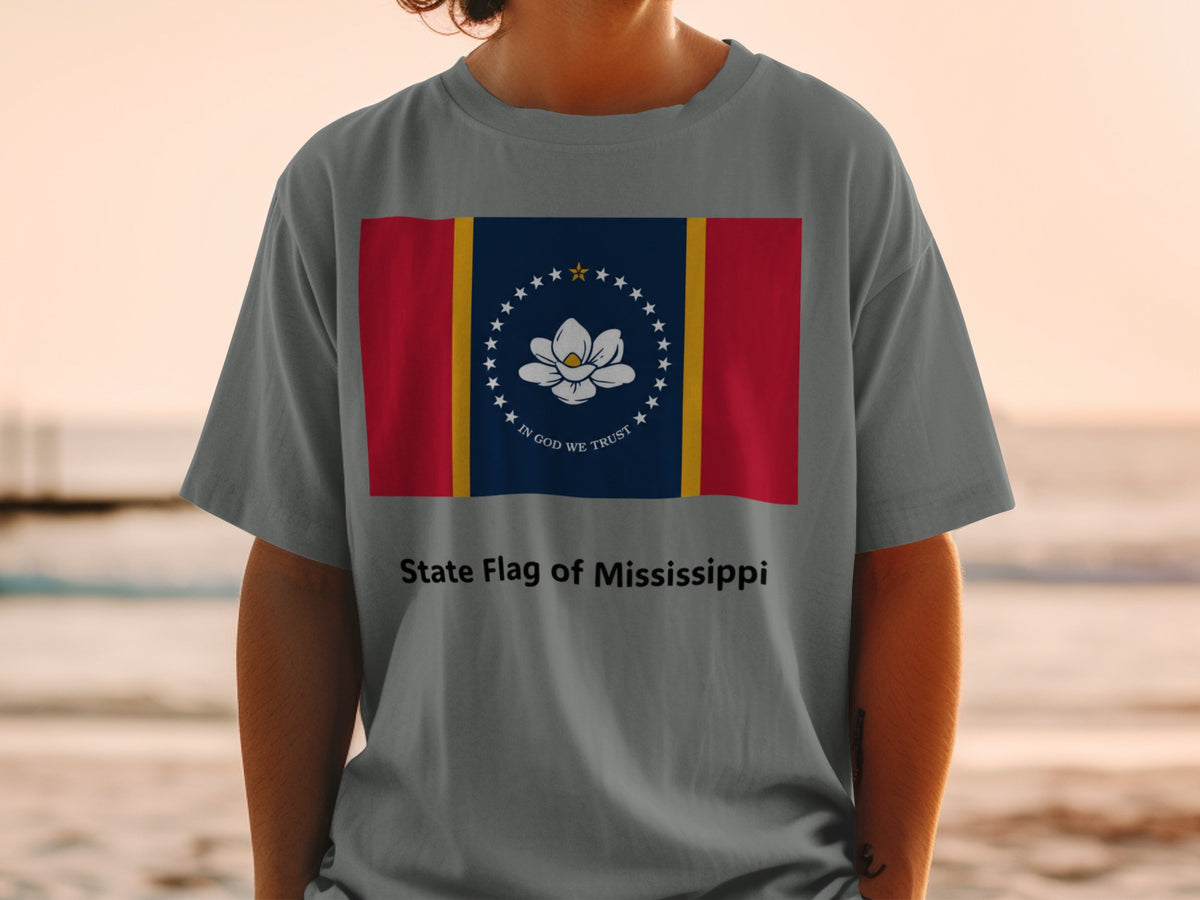 Grey t-shirt with Mississippi state flag and text "State Flag of Mississippi".